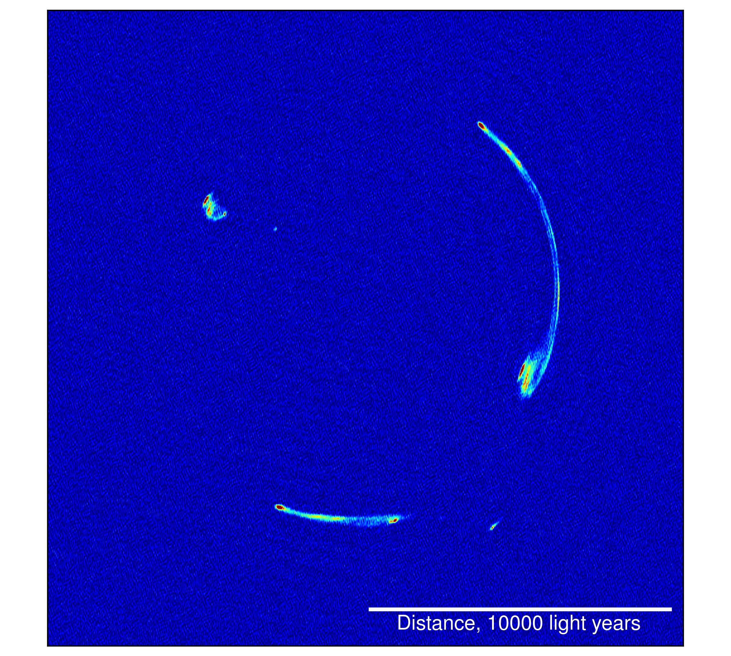 Radio source MG J0751+2716 appearing as arcs due to the gravity distortion of the foreground galaxy. The image was created using a global VLBI telescope array. Image credit: C. Spingola (The Netherlands Institute for Radio Astronomy (ASTRON) and Kapteyn Astronomical Institute).