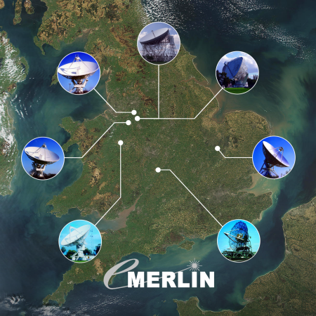 Map of UK showing locations of e-MERLIN telescopes