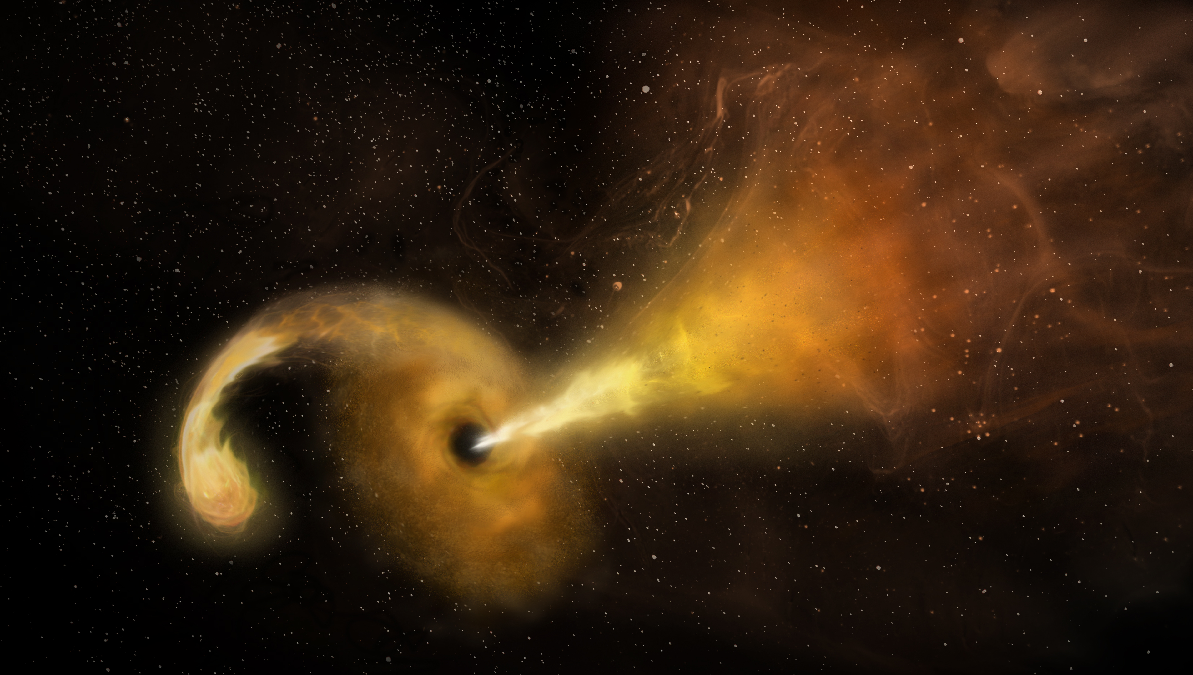  Artist conception of a tidal disruption event (TDE) that happens when a star
  passes fatally close to a supermassive black hole, which reacts by launching a
  relativistic jet. (Sophia Dagnello, NRAO/AUI/NSF.)