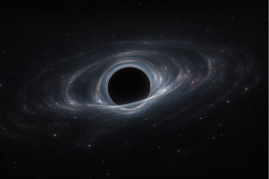 Figure 1:Representation of a possible scenario for the object, which includes a black hole that has a mass of about 300,000 times that of our Sun and an extended dark disk, which can only be characterised through their combined gravitational lensing effect on the distant Universe.