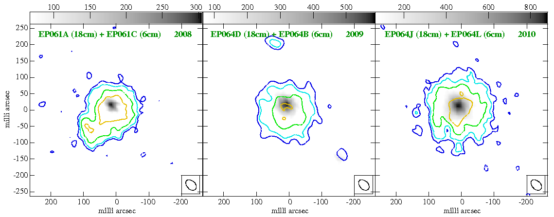 IRAS 23365+3604 18cm contours overlaid on grey-scale 6cm images in three different
epochs with the EVN. The project codes (PI: M. A. Perez-Torres) are indicated in each 
figure.
 
